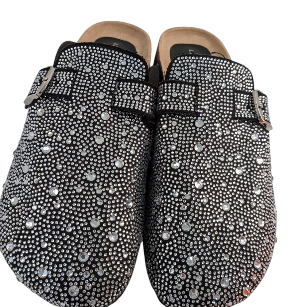 Azalea Wang Embellished Slip-On Mules - Black with Silver Rhinestones..Size 8.5